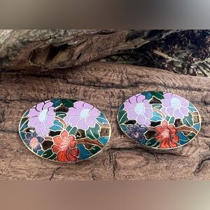 Large Vintage Floral Earrings Cloisonné Enamel Gold Tone Clip Ons Hawaii Style